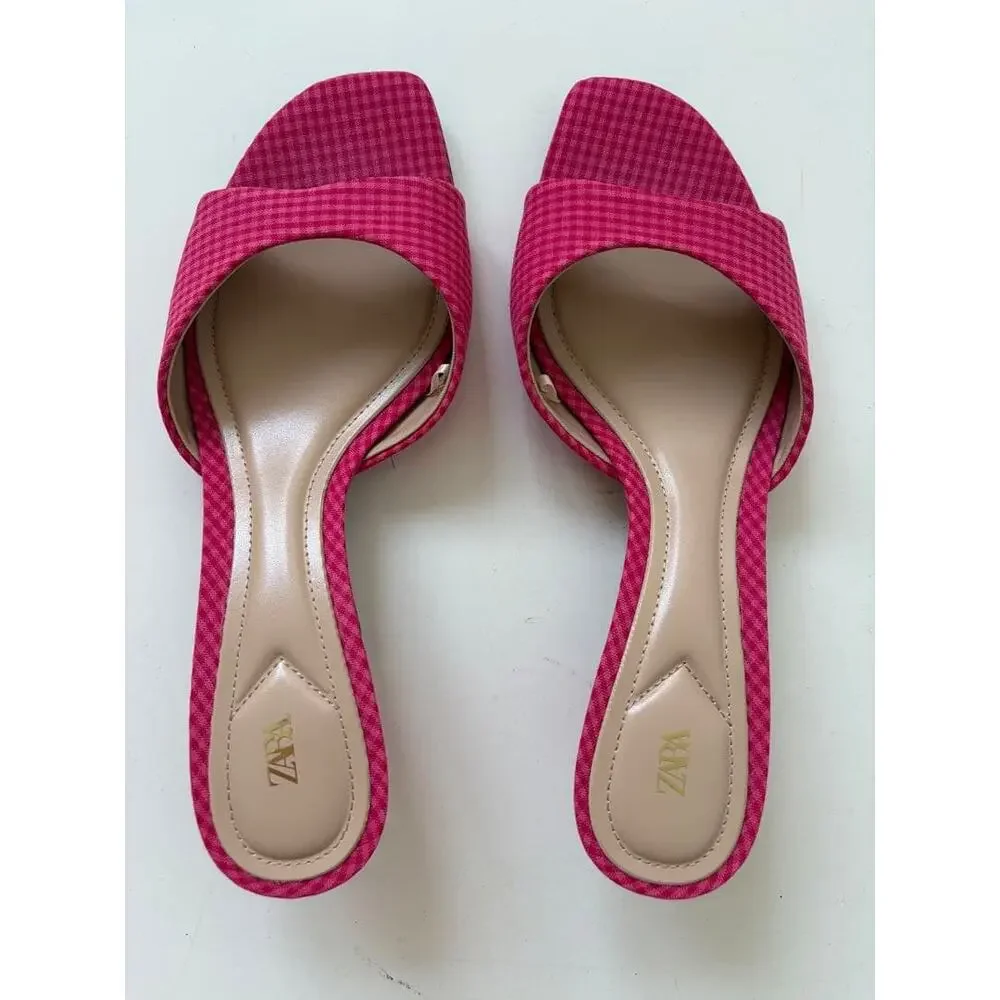 Zara NWT Pink Gingham Square Toe Kitten Heel Mules 7.5 8 9